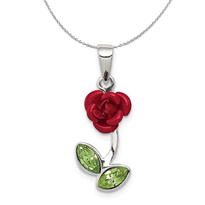Silver, Enamel And Cz 3d Red Rose And Green Leaf Necklace - 16 In